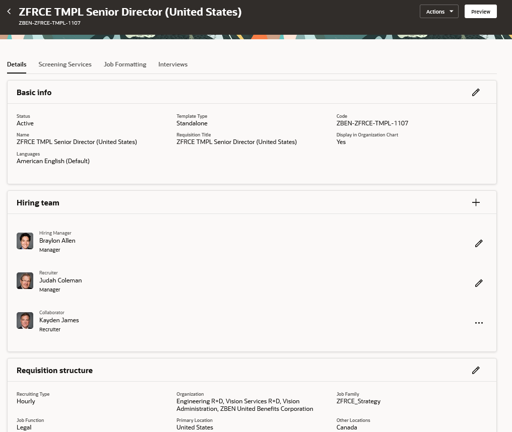 Job Requisiiton Template Details Page