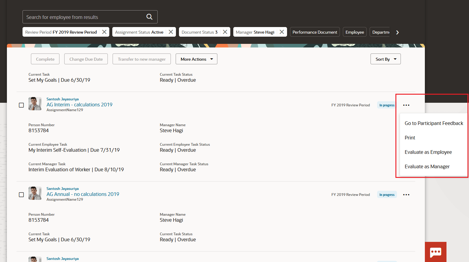 Actions Available for Performance Document
