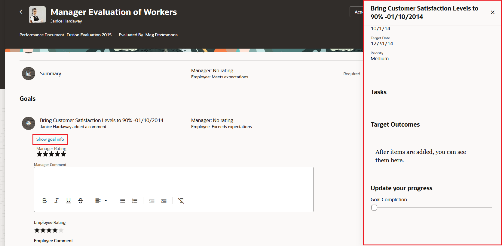 Screenshot of Manager Evaluation page with goal details in panel drawer highlighted.