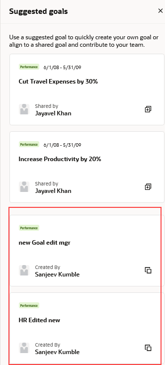 Suggested goals panel showing previous goals