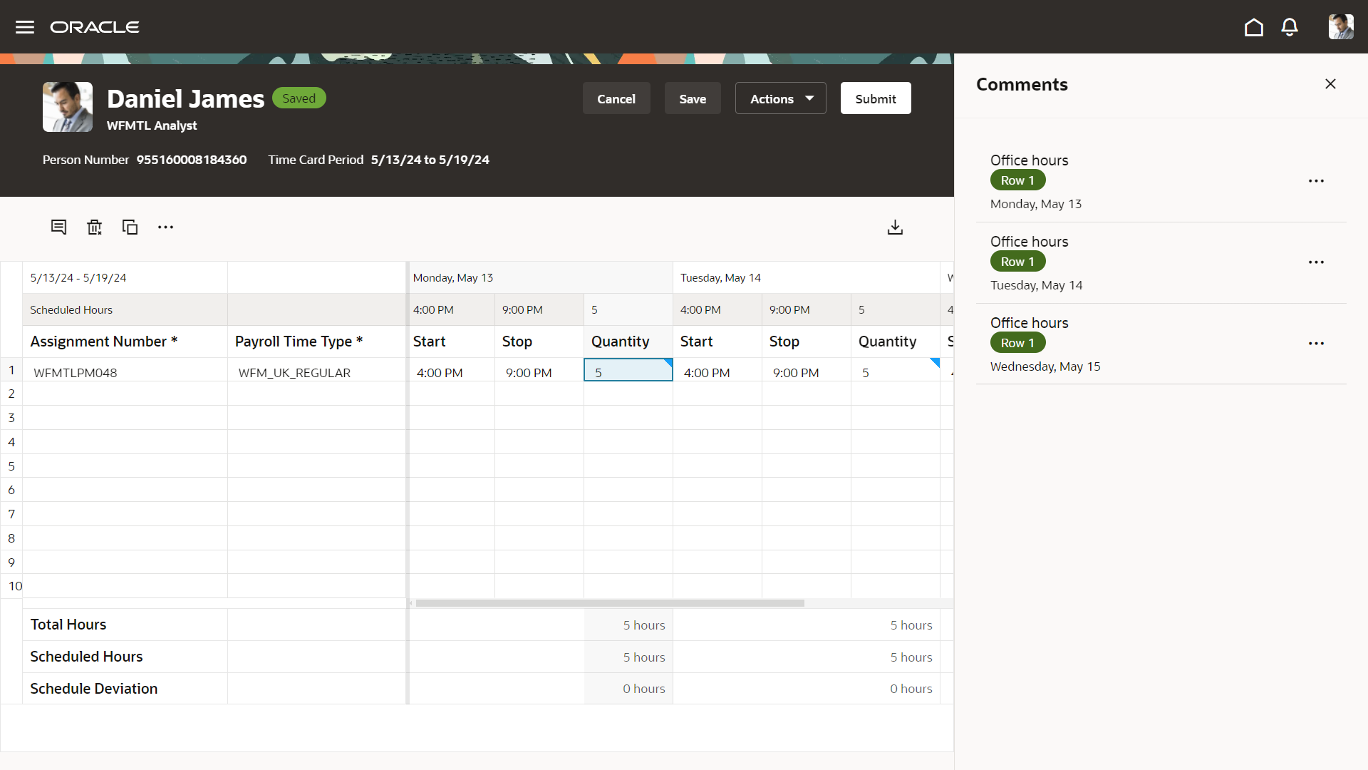 Time Card with the Blue Icon in Quantity Fields and the Comments Drawer Open and Showing Row-Level Comments
