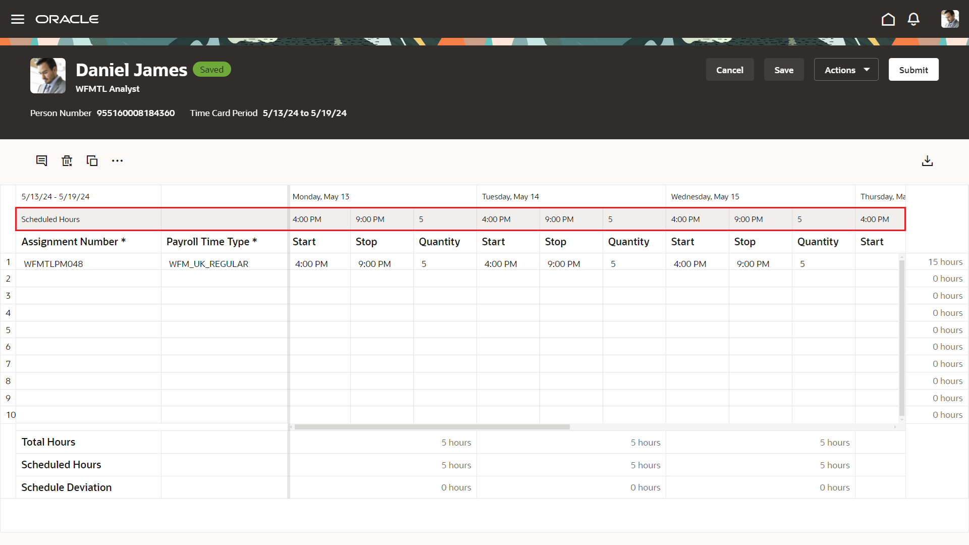 Time Card Showing the Scheduled Hours Header Row with Start and End Times and Duration