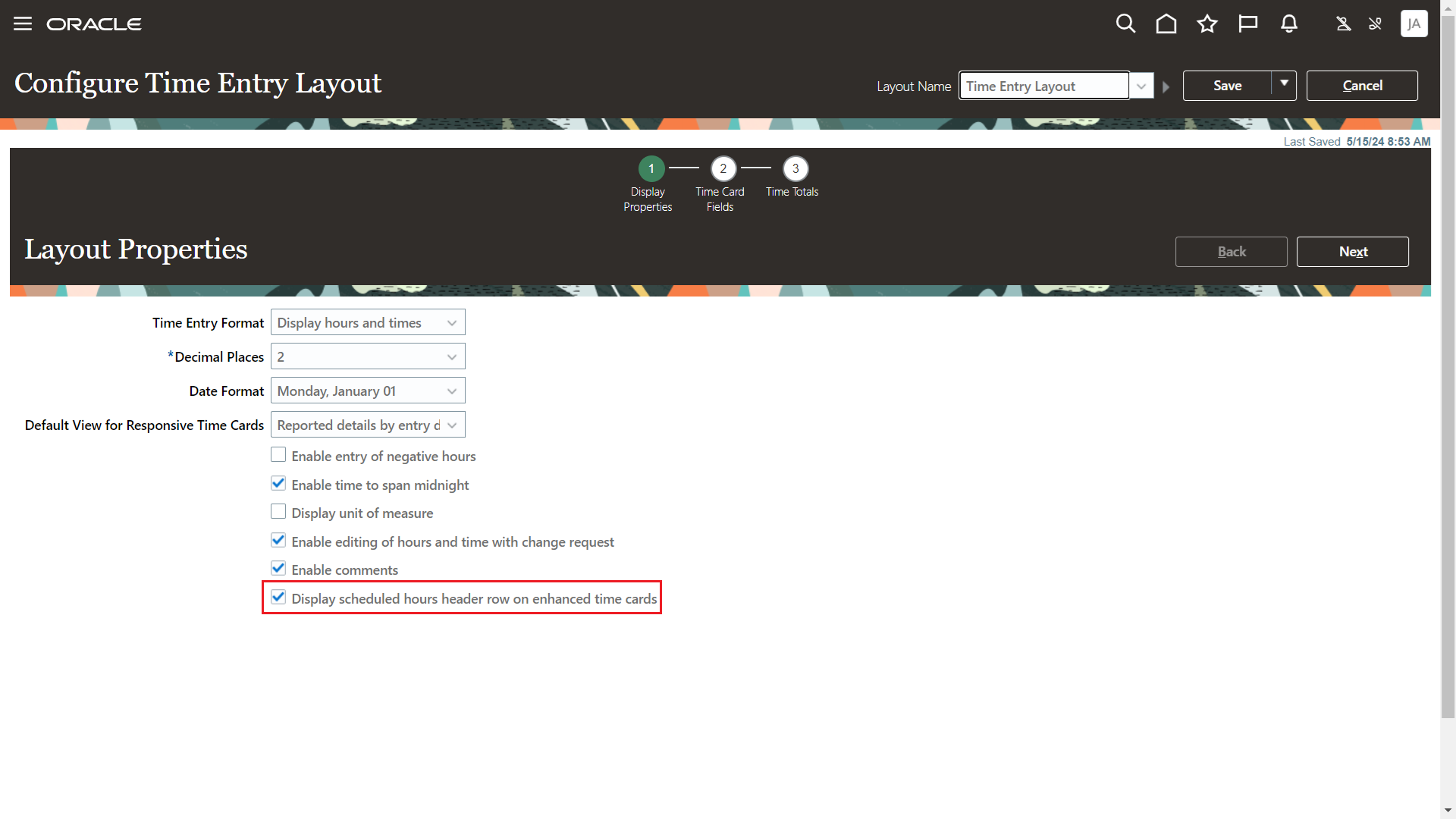 Configure Time Entry Layout Page, Layout Properties Step with the New Property Highlighted and Selected