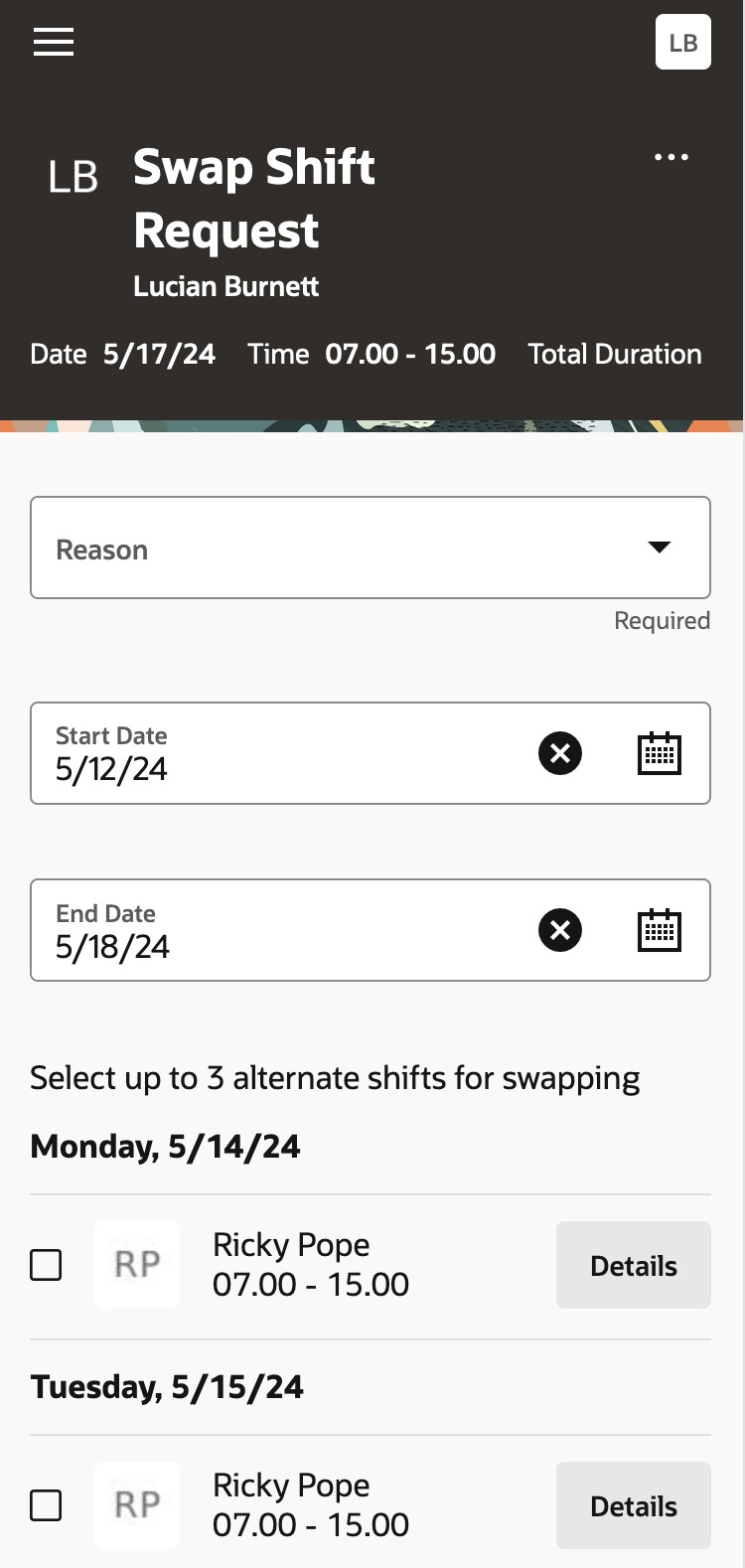 Mobile Drawer Showing the Available Shifts to Swap