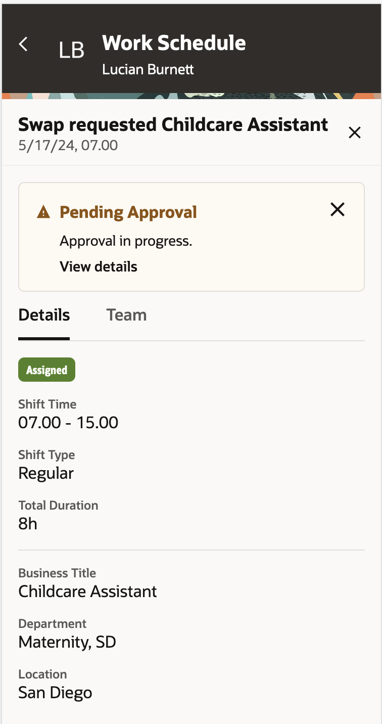 Mobile Drawer Showing Swap Requested with the Shift Details and the View details Approval Banner