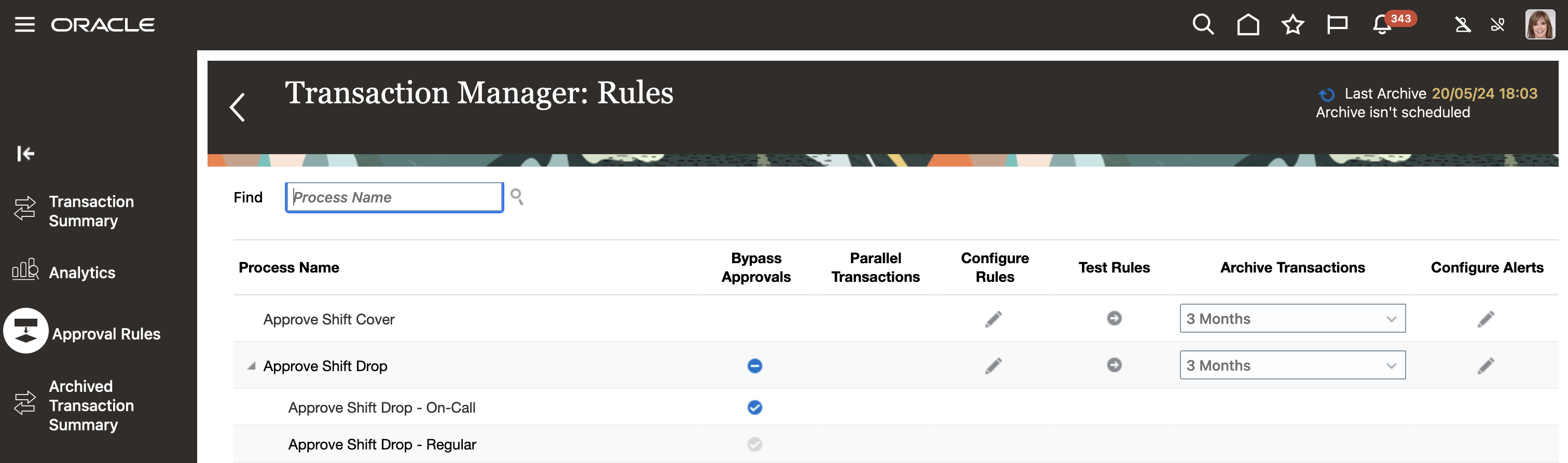 Transaction Manager: Rules Page Showing the Approve Shift Drop Rules