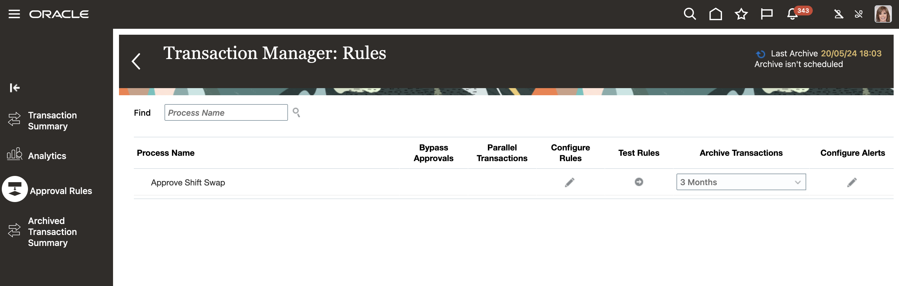 Transaction Manager: Rules Page Showing the Approve Shift Swap Rule