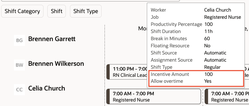Shift Hover Text Showing the New Incentive Amount And Allow Overtime Attributes