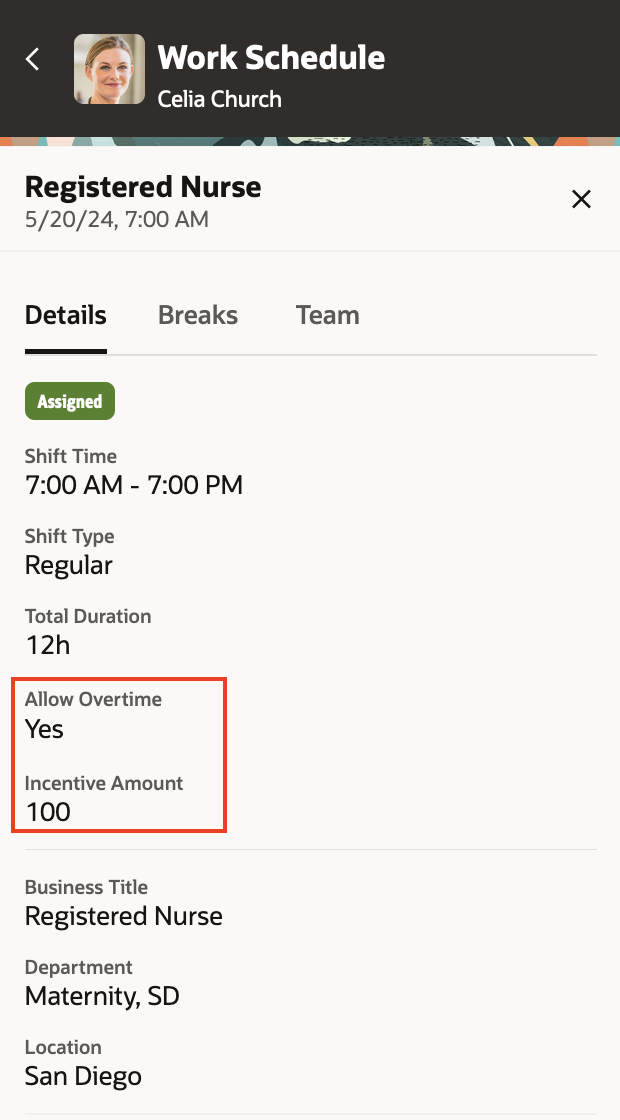 Shift Details Page Showing the New Allow Overtime and Incentive Amount Attributes