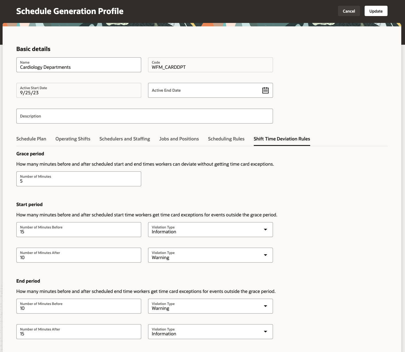 Schedule Generation Profile Page Showing the New Shift Time Deviation Rules Tab