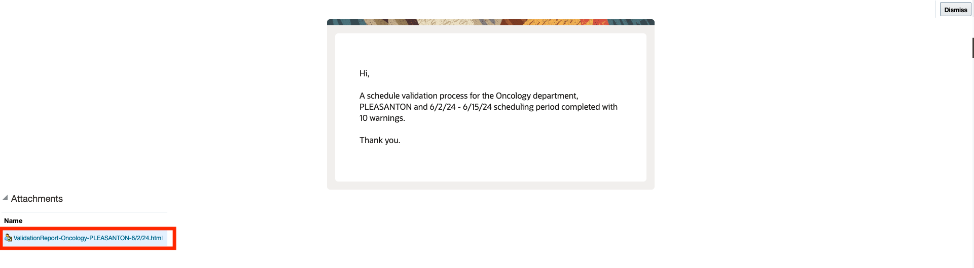 Open FYI Notification Content about Completed Schedule Validation with Validation Report Download Link