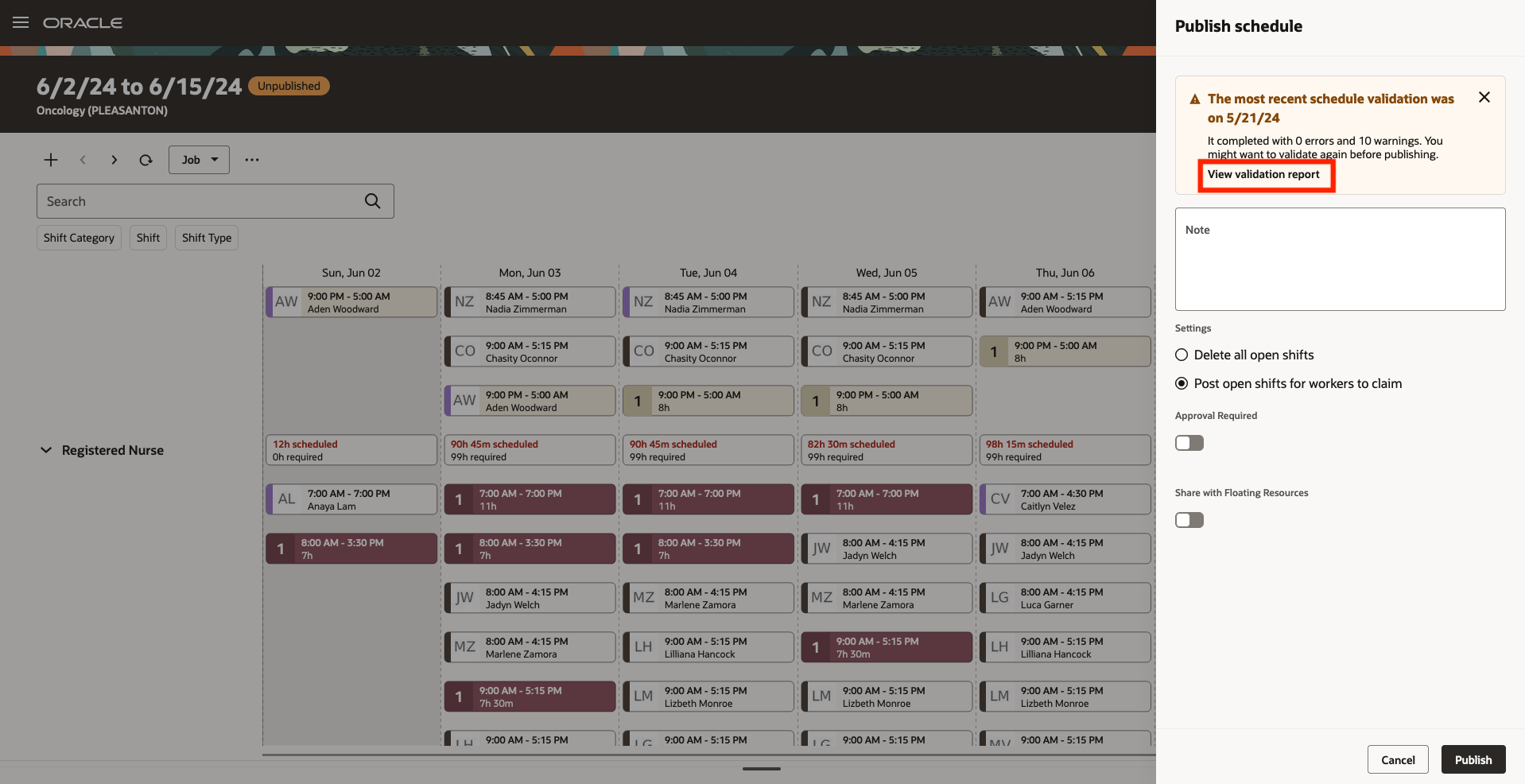 Publish Schedule Drawer Showing a Banner Message with the View Validation Report Link