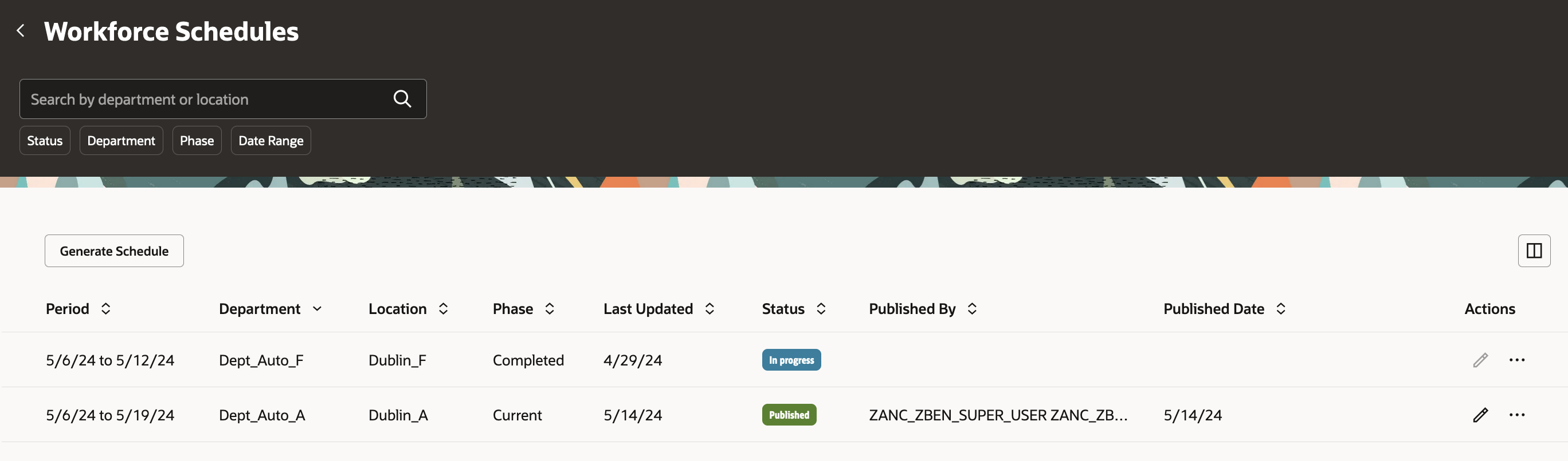Workforce Schedules Page Showing the New Published By and Published Date Columns
