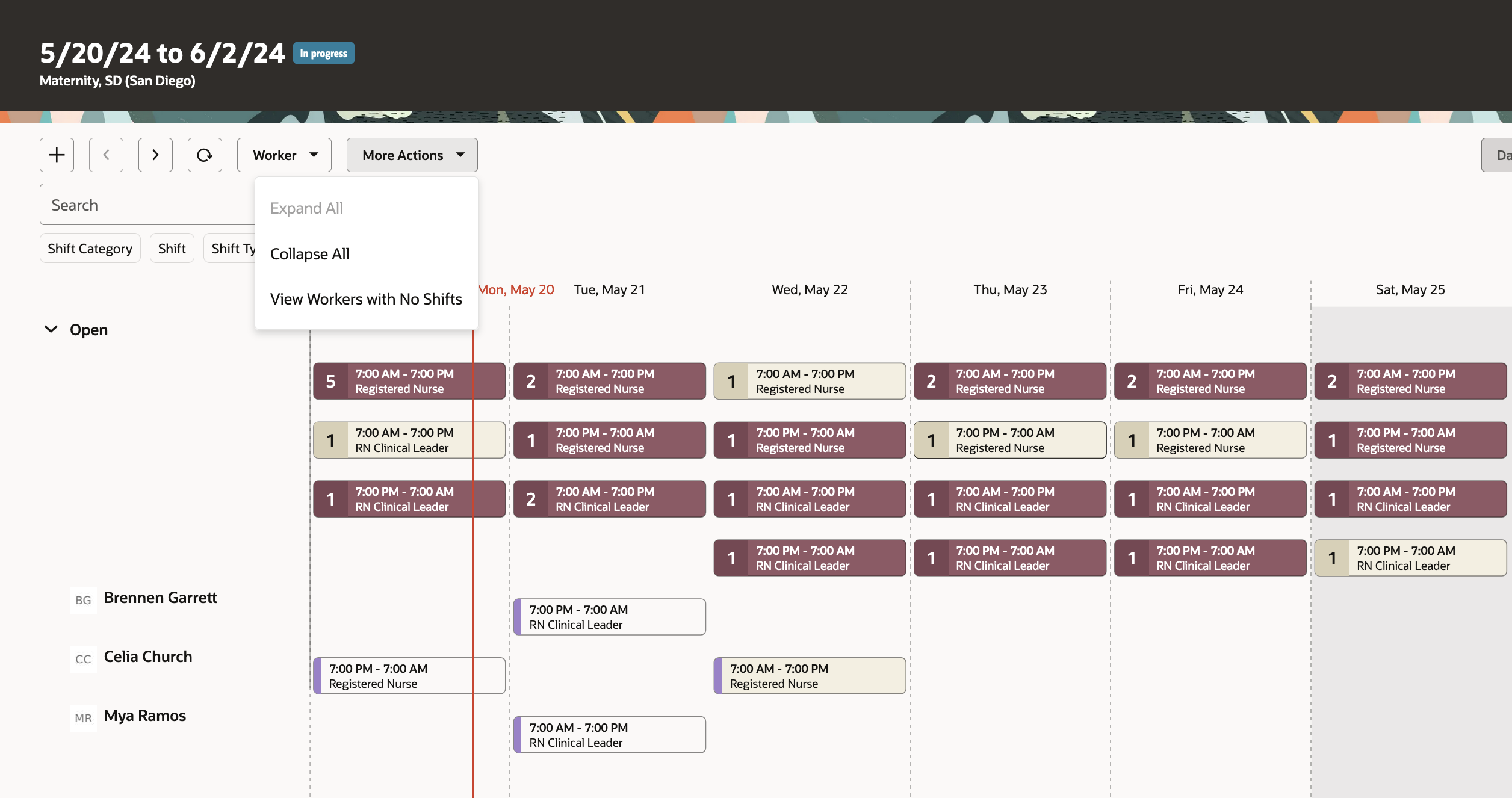Workforce Schedule Showing the More Actions > View Workers with No Shifts Option