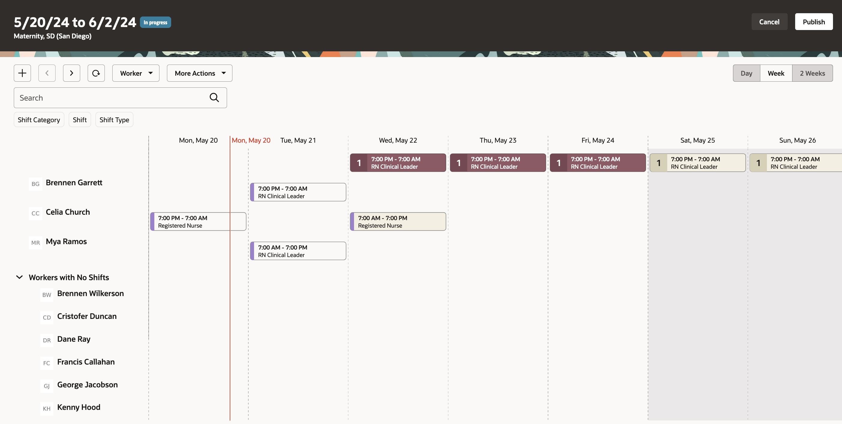 Workforce Schedule Page Showing the Workers with No Shifts Grouping