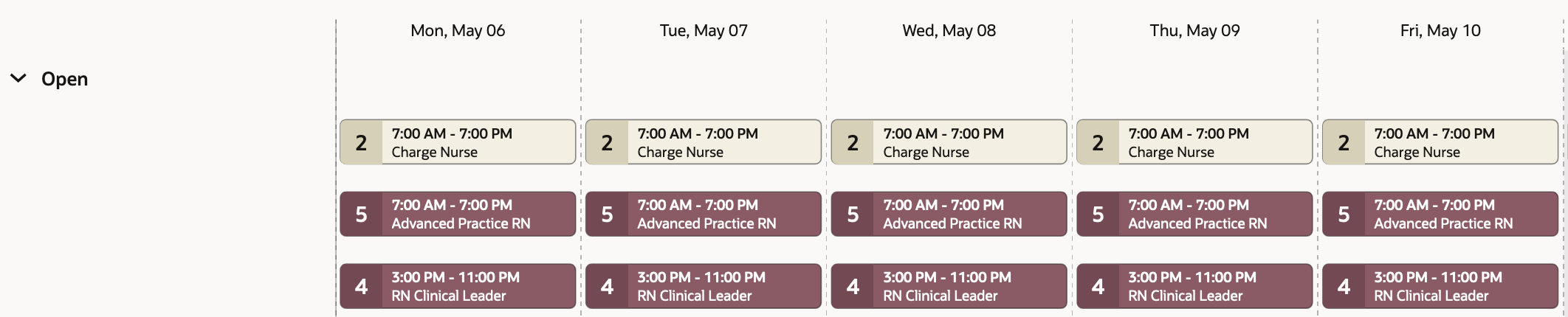 Partial Workforce Schedule Showing the Grouped and Color-Coded Open On-Call and Regular Shifts