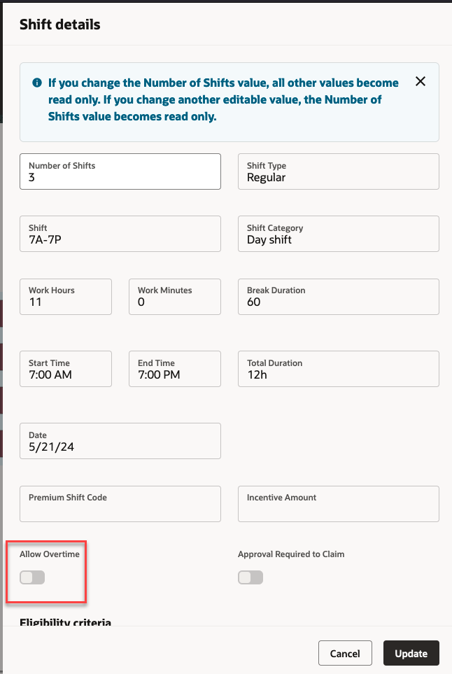 Shift Details Drawer with Information about Changing Values and the New Allow Overtime Switch