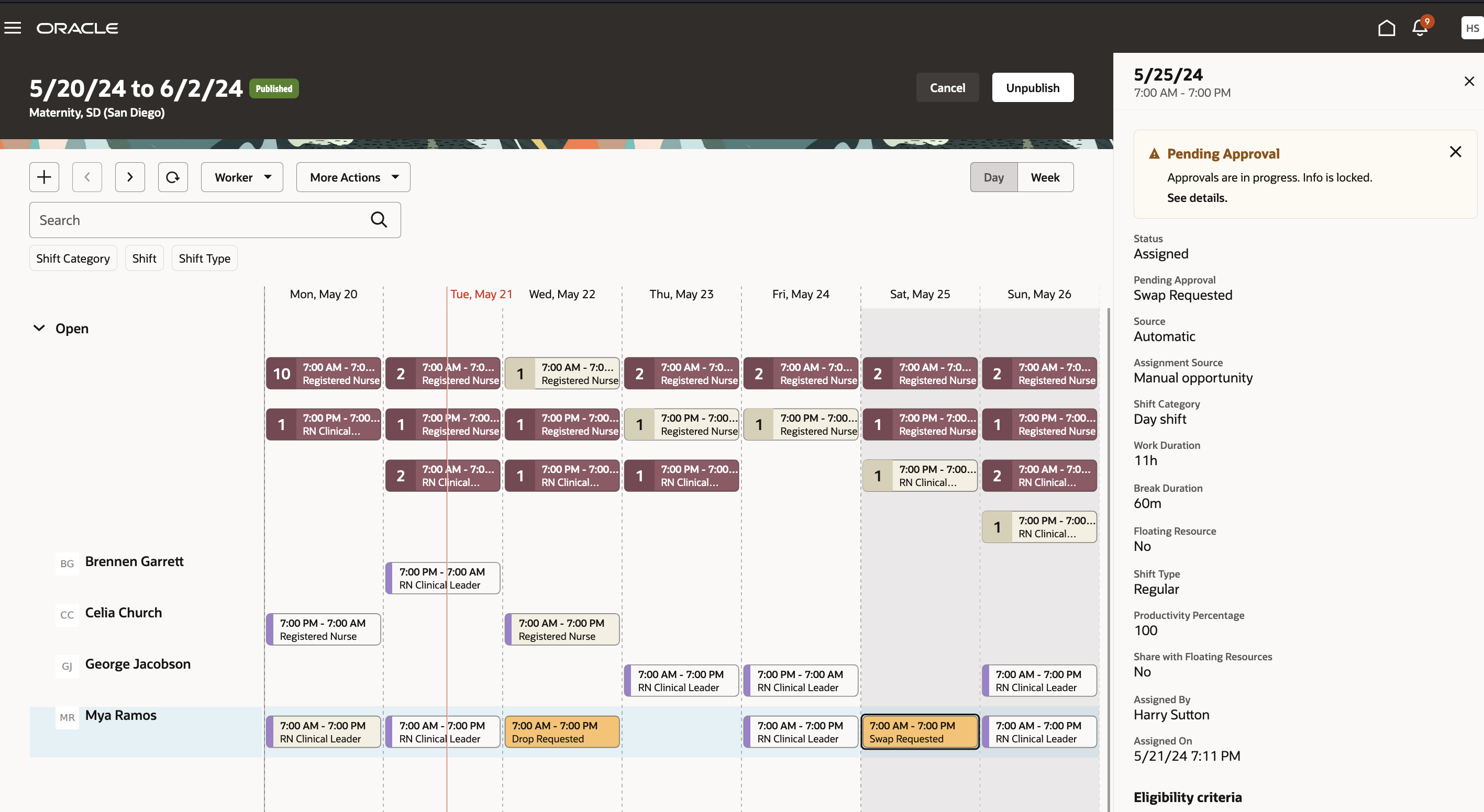 Workforce Schedule with the Shift Details Drawer Open for a Shift with a Swap Request Pending Approval
