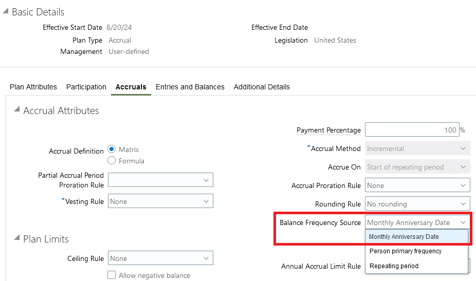 Balance Frequency Source field in the absence plan setup page