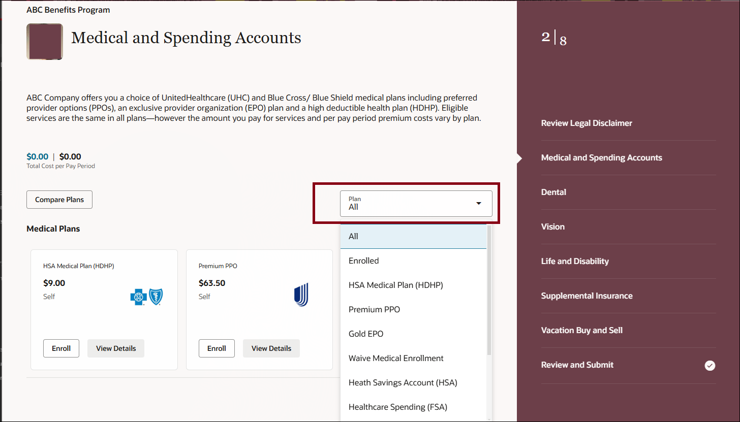 Screen capture of new filter within the Redwood enrollment flow with the filter highlighted. 