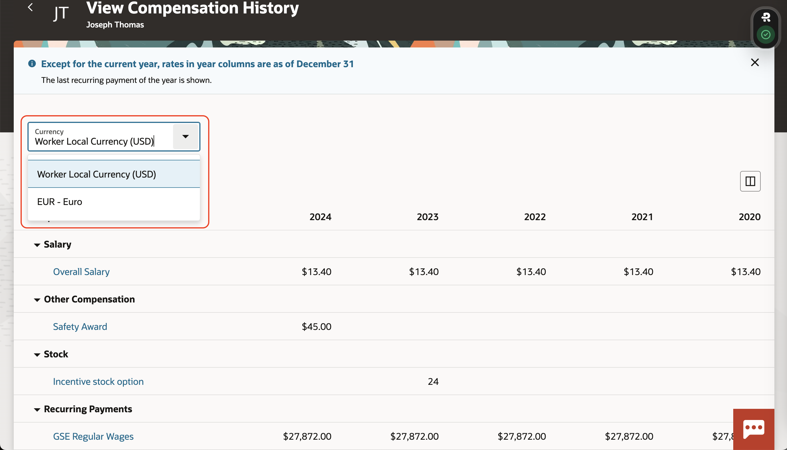 Switcher on the View Compensation History Page