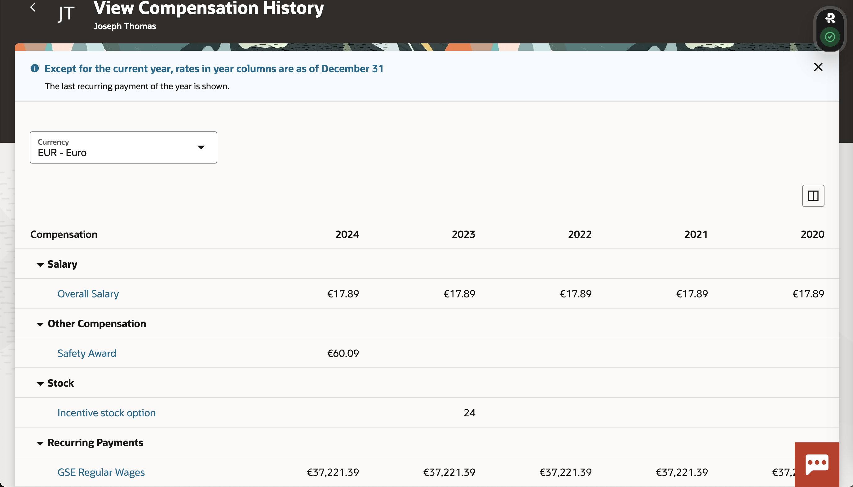 Switcher on the View Compensation History Page, with the User’s Preferred Currency Selected