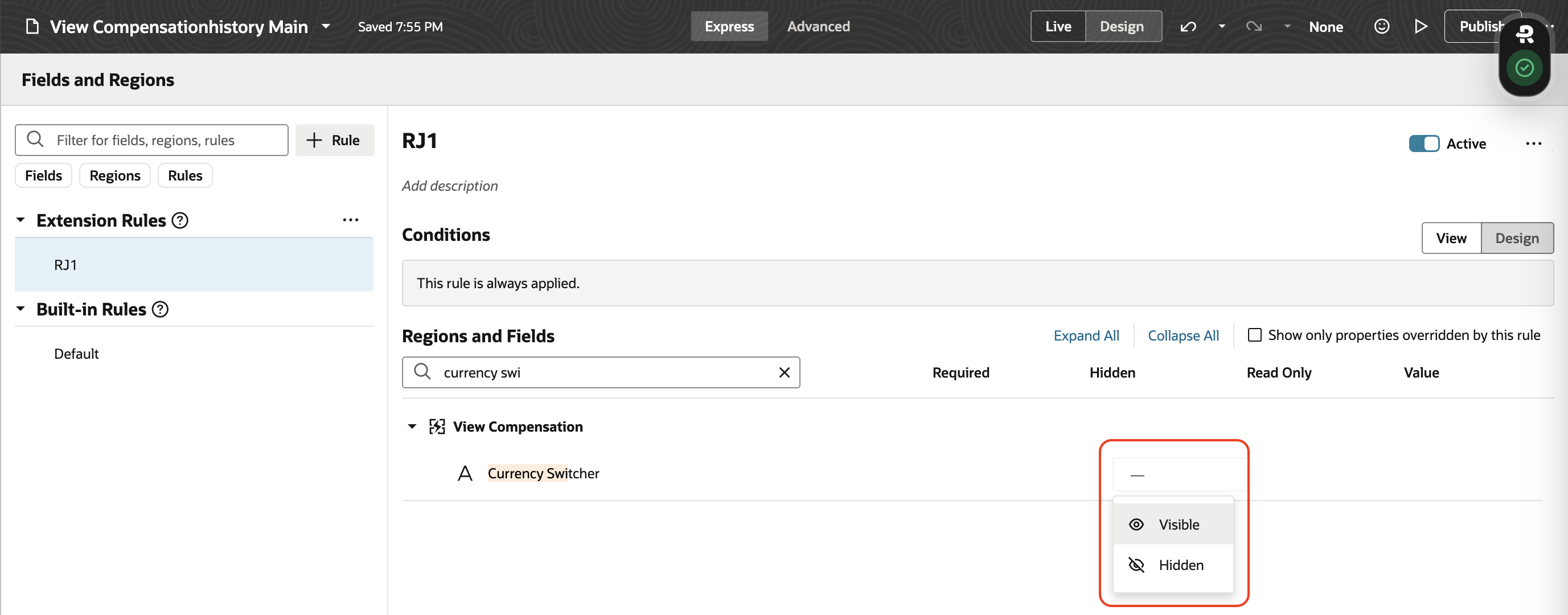 Admin Change Salary Page Showing the CurrencySwitcher Choice List with the Visible Option