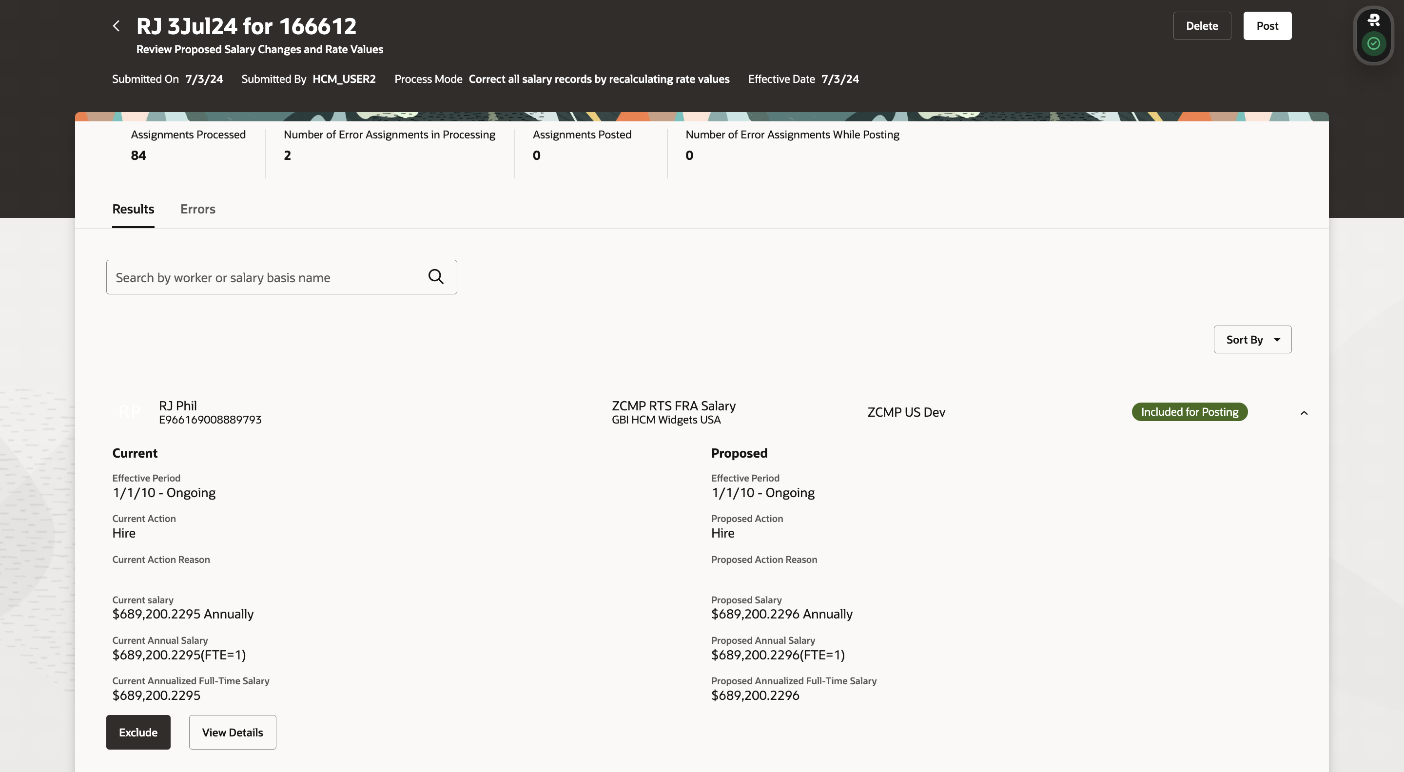 Review Proposed Salary Changes and Rate Values Details Showing Worker and Salary Details