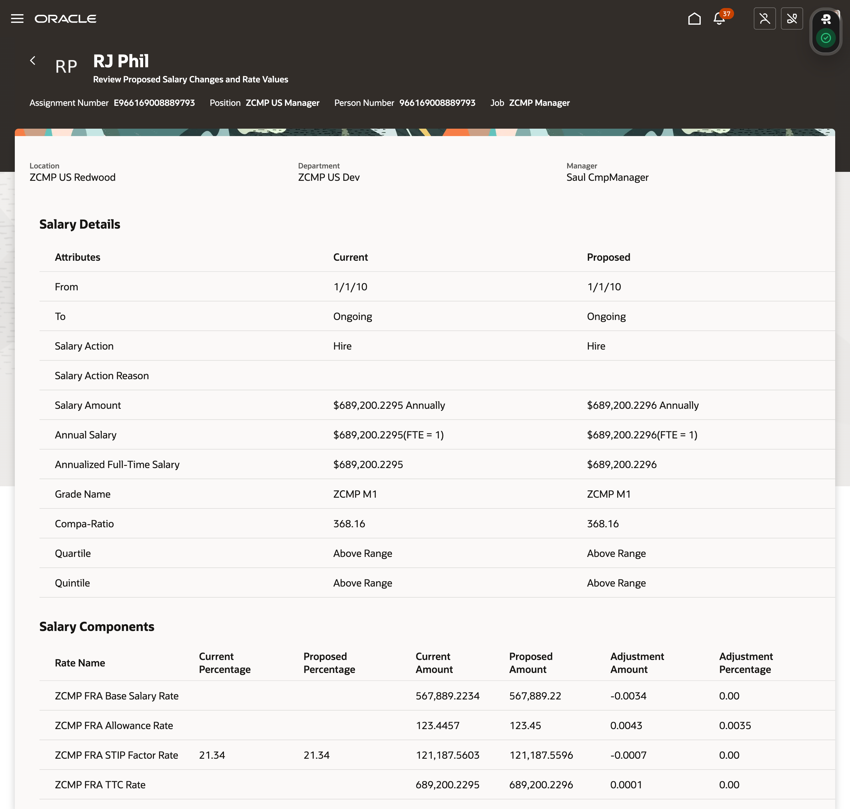 Salary Details Page Showing the Current and Proposed Values