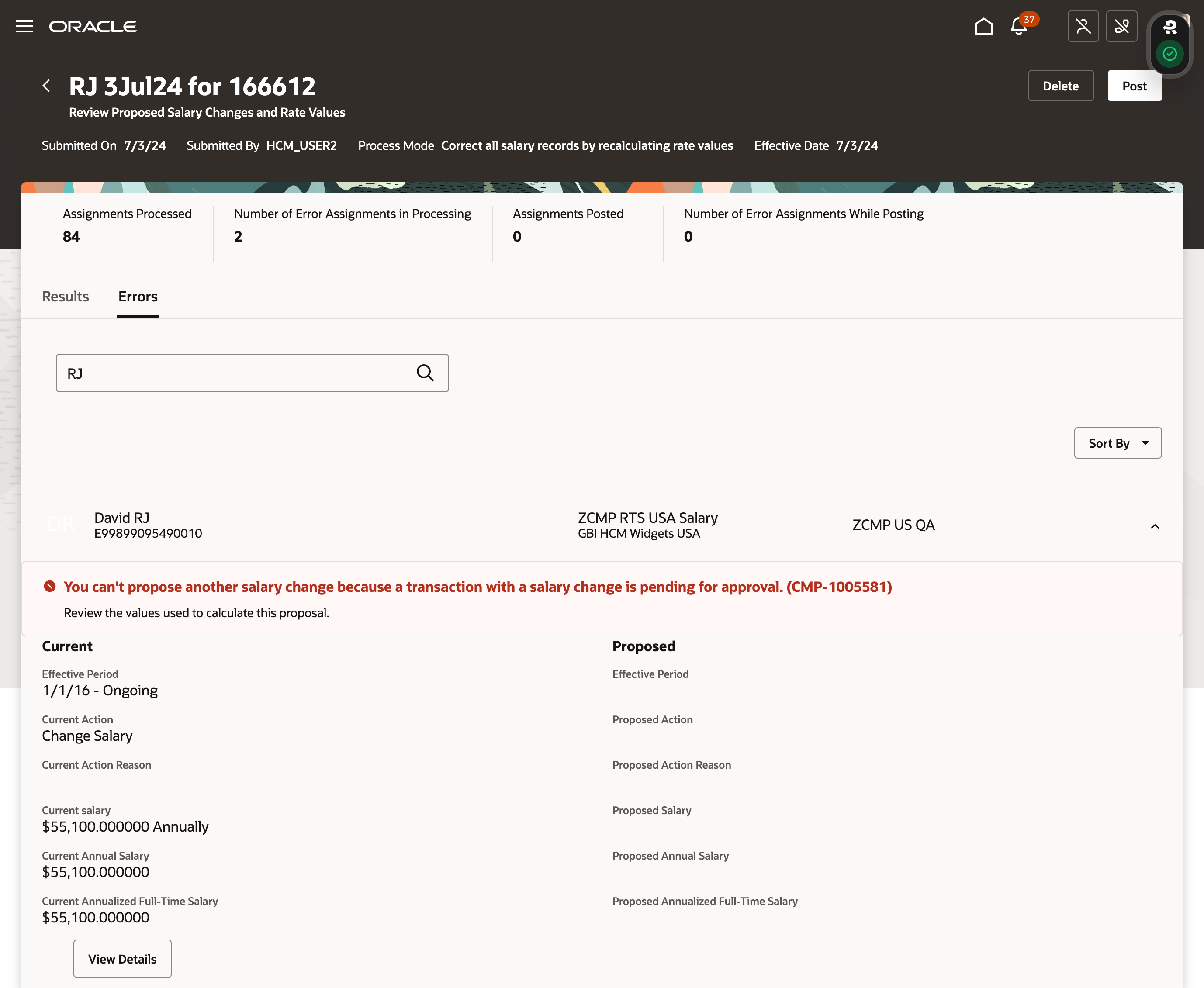 Review Proposed Salary Changes and Rate Values Details Showing Error Details