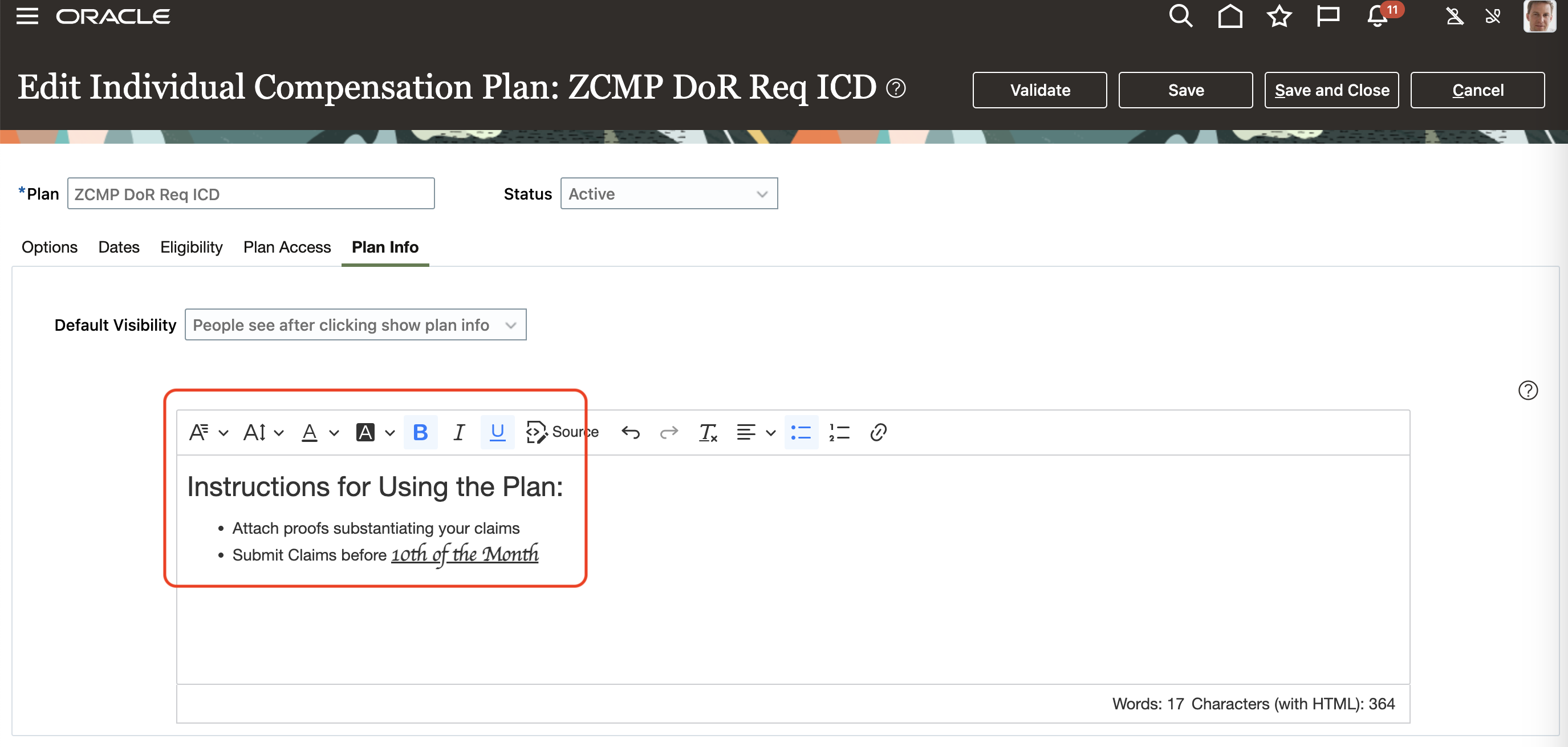 For Example, Plan Instructions Configuration in Classic Page