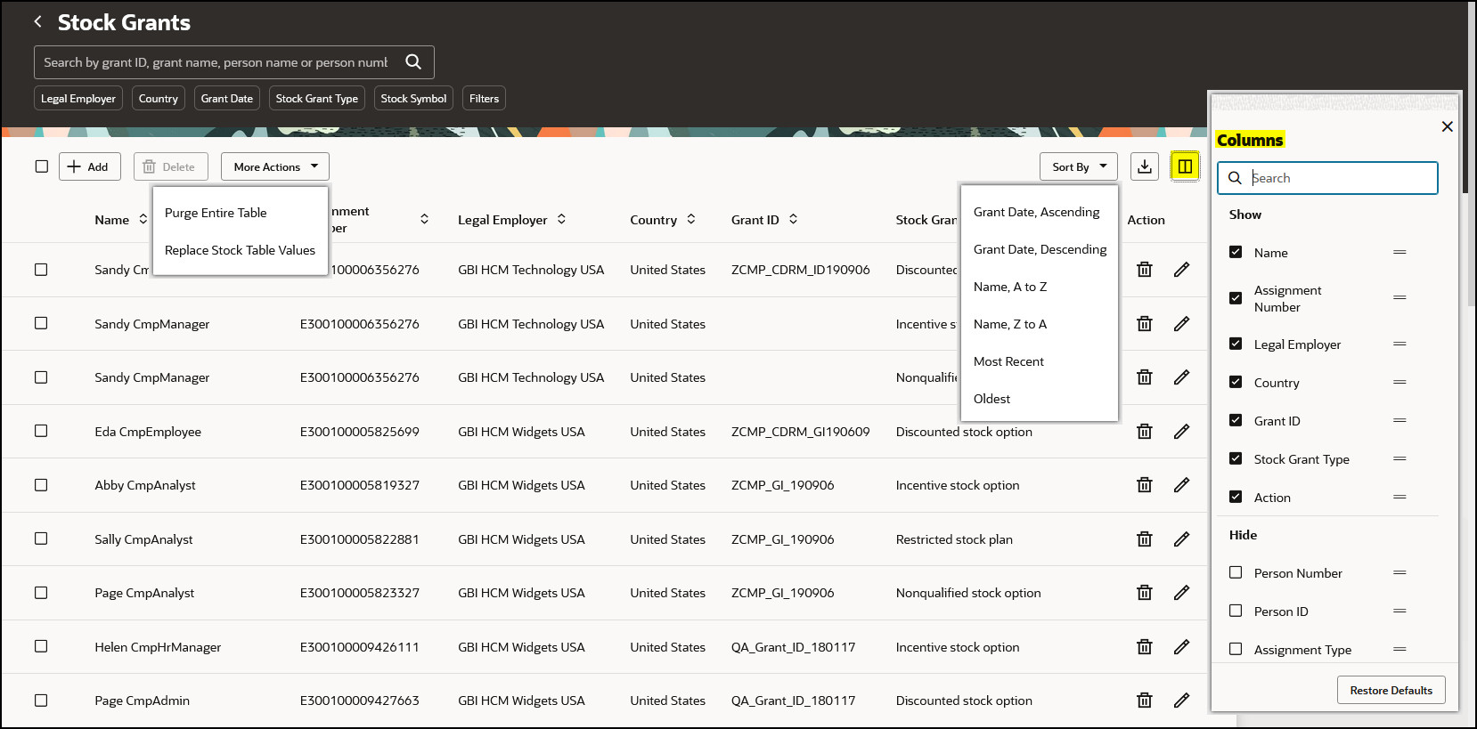 Stock Grants with drop downs displayed