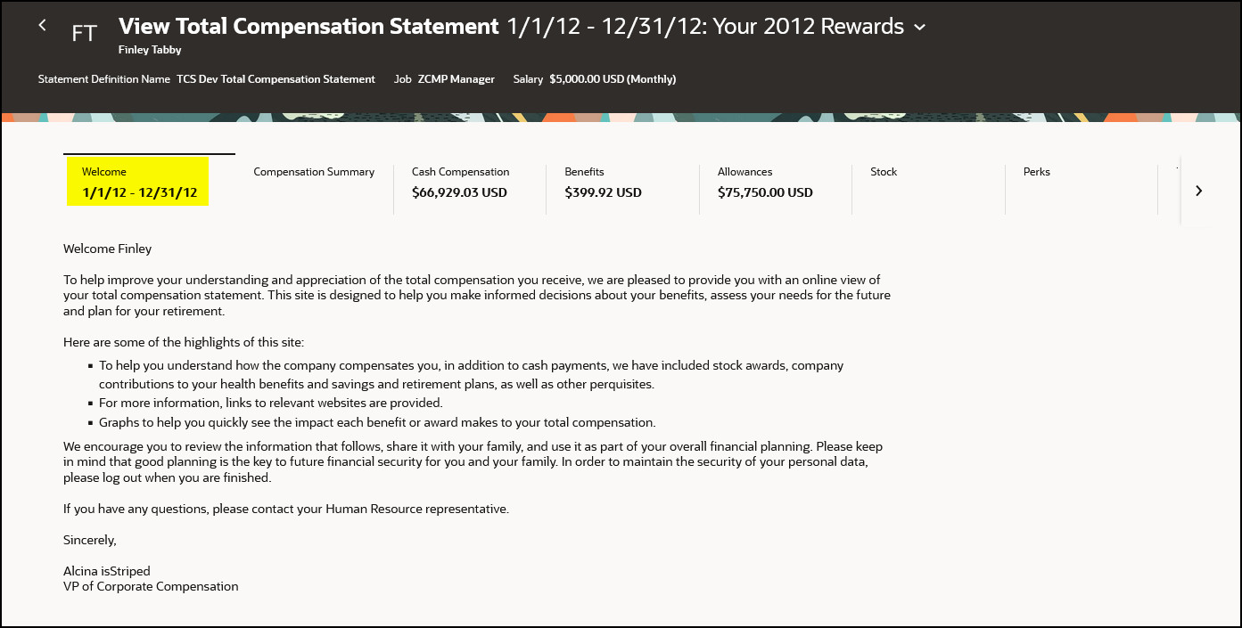 View Total Compensation Statement: Welcome Tab