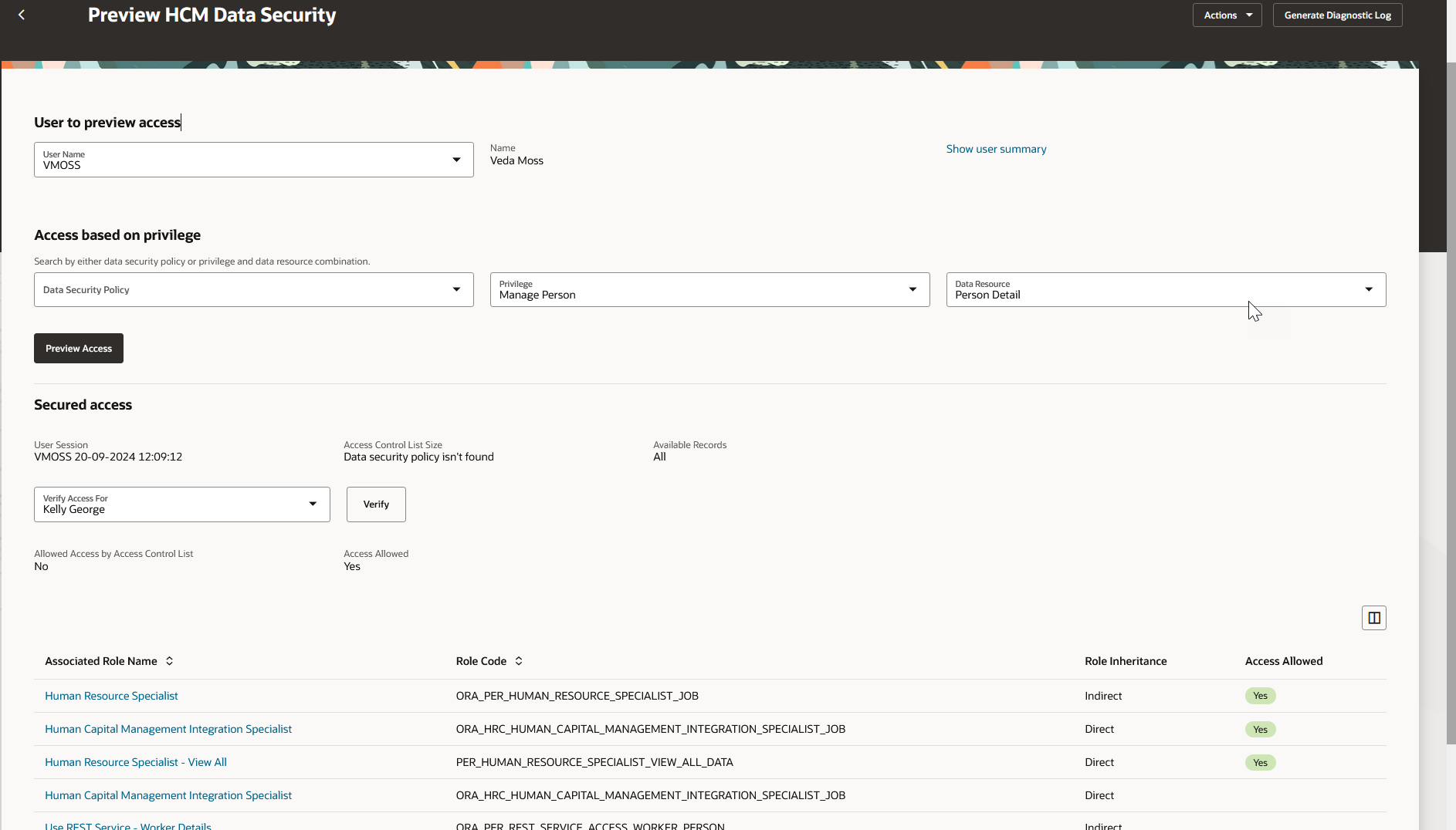 A badge in the Access Allowed column indicates which role gives access to the searched person