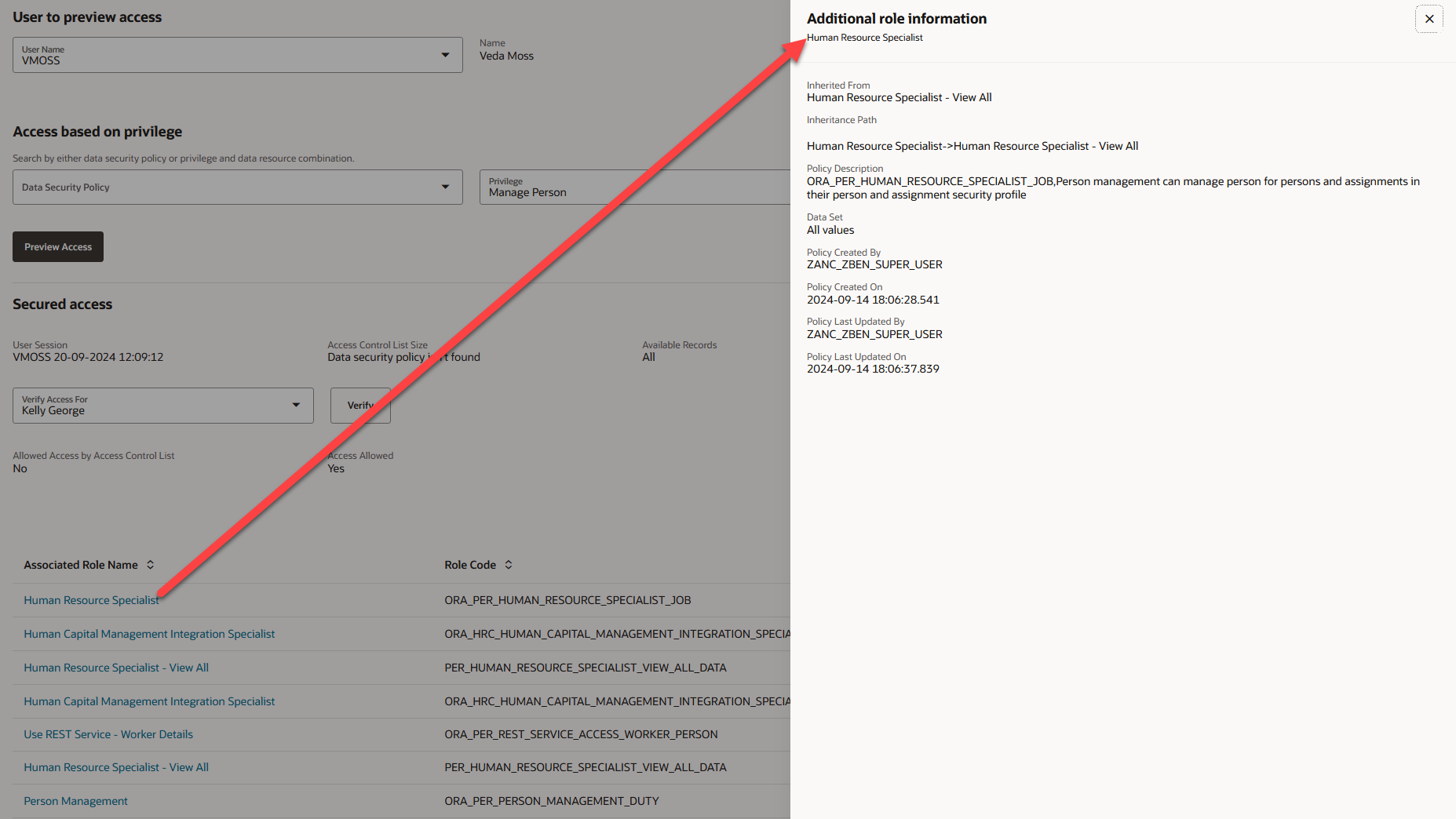 View additional role information by clicking on the associated role name