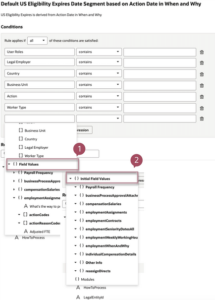 Field Values (1) and Initial Field Values (2) in the Conditions