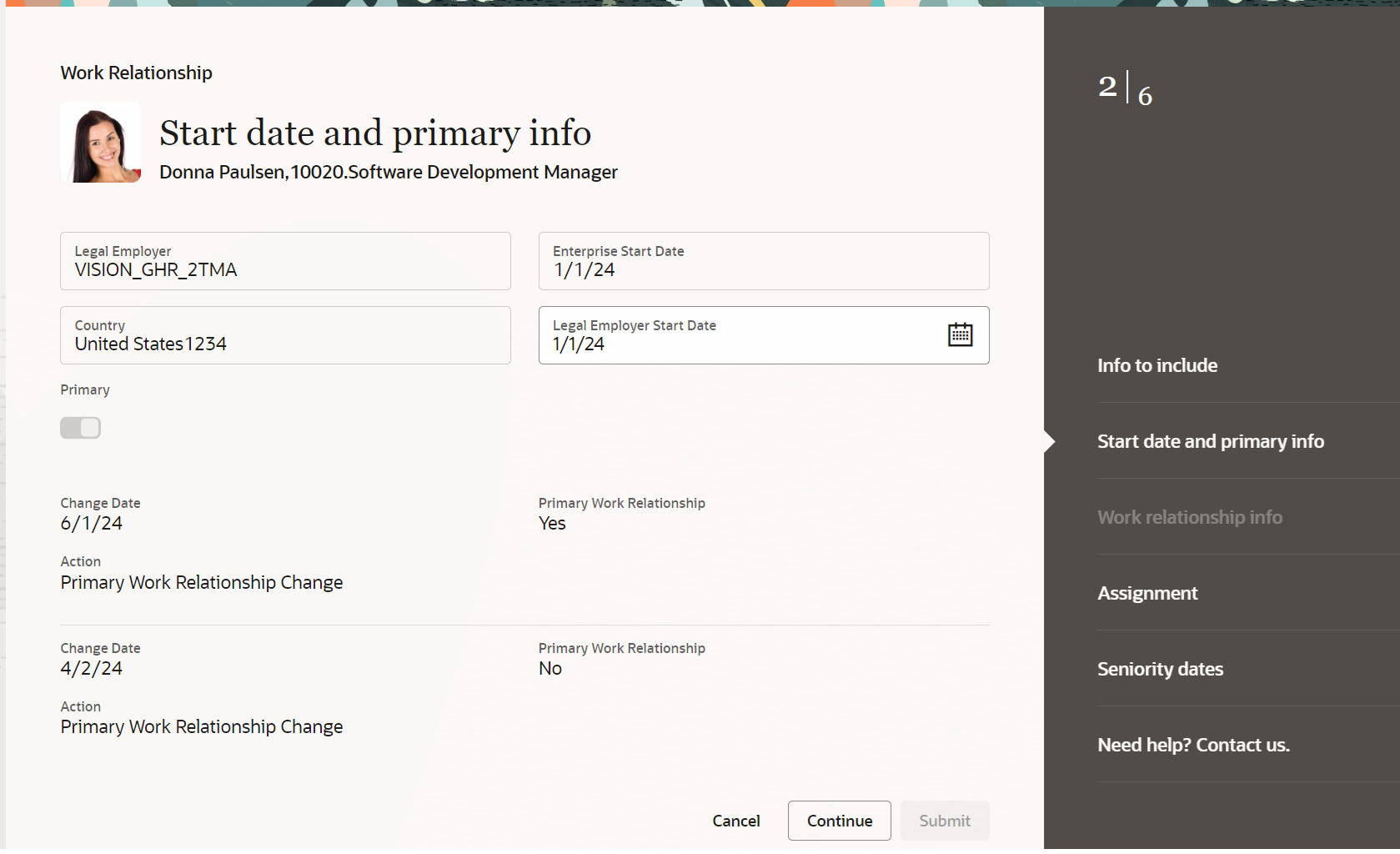 Start date and primary info step of the Work Relationship process