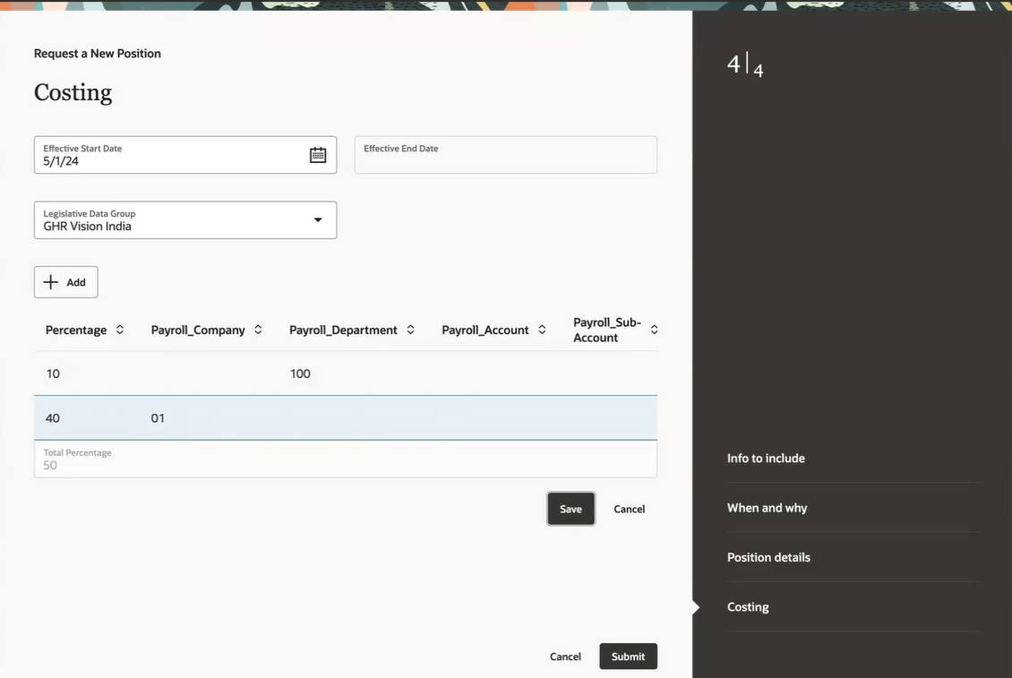 Adding costing data in the Request a New Position process