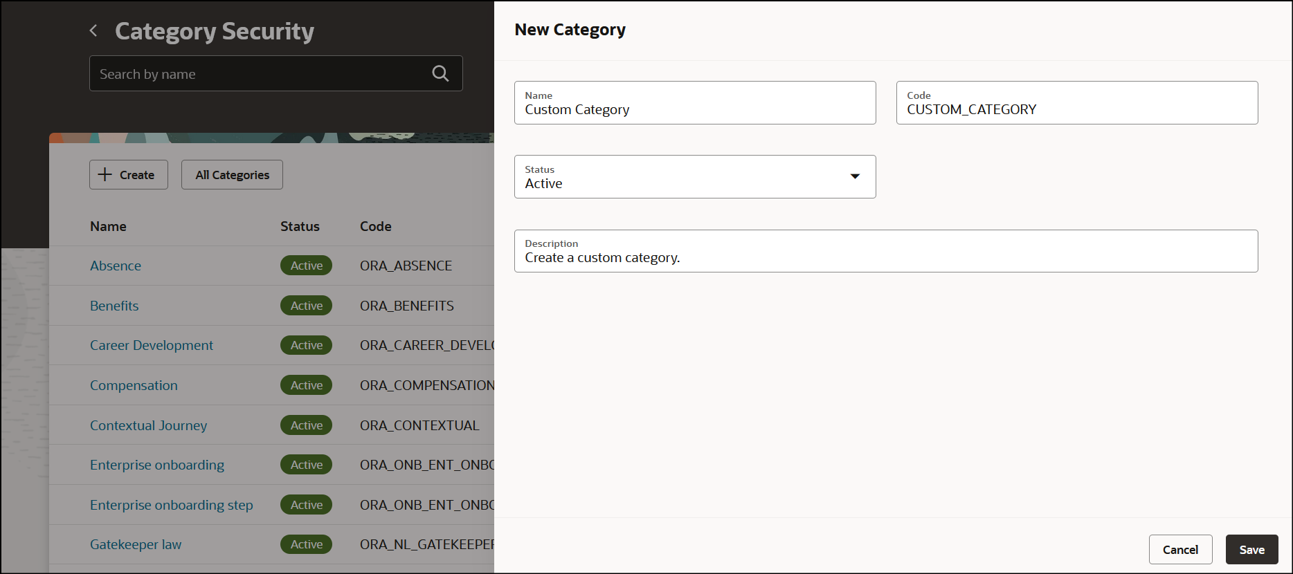 Enter Details for Security Category in Panel Drawer