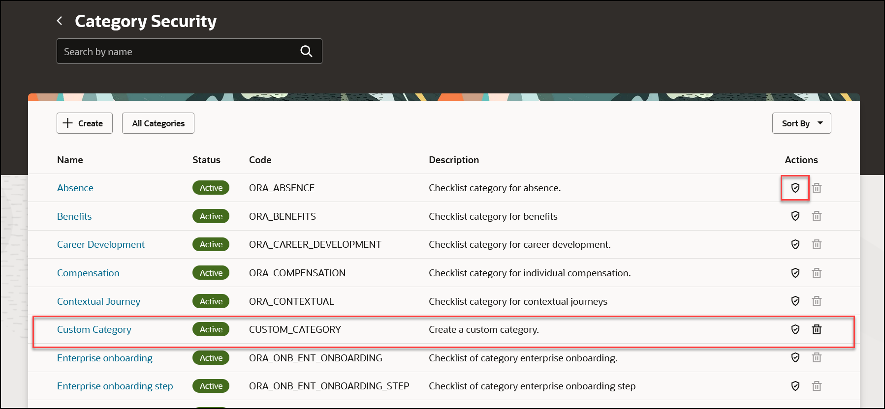 Created Category Appears in the List on Category Security Page. Click Security Icon to Configure Security for the Category