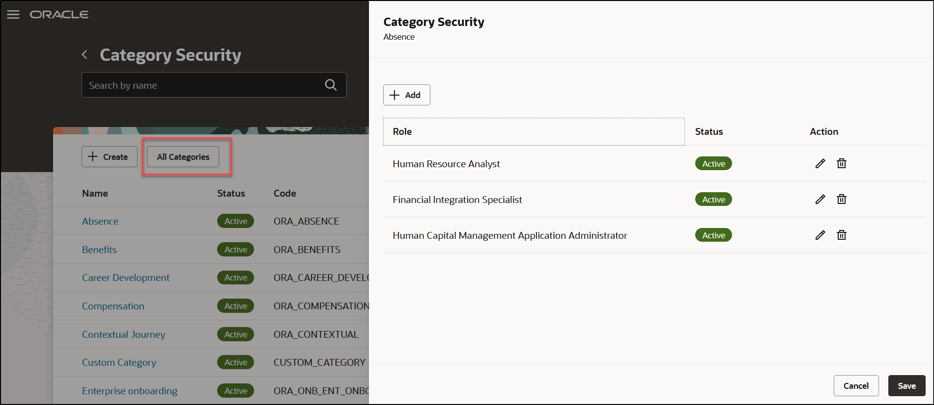 List of Roles Added. Click All Categories to Configure Security for All Categories