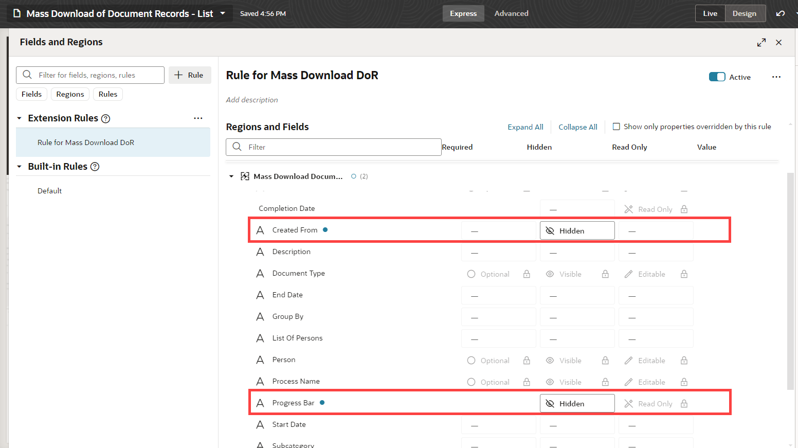 Business Rule for Configuring Fields on the Mass Download Page