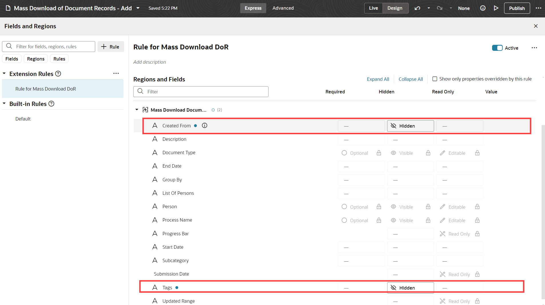 Business rule for configuring fields on the New Mass Download page