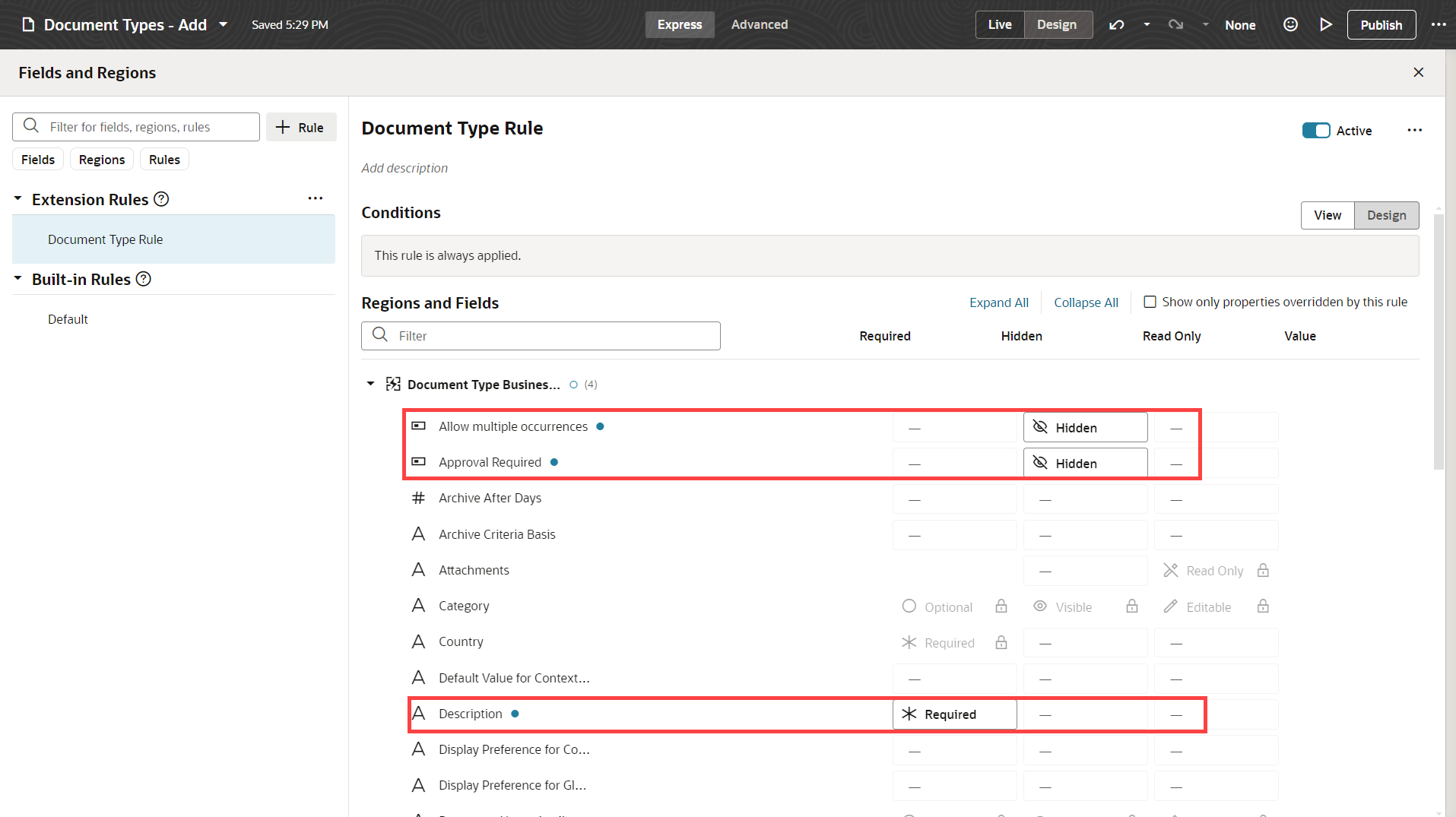 Business Rule for Configuring Fields on the New Document Type Page