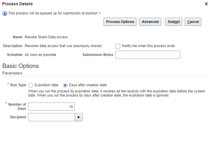 Page which shows the parameters for the Revoke Share Data Access process