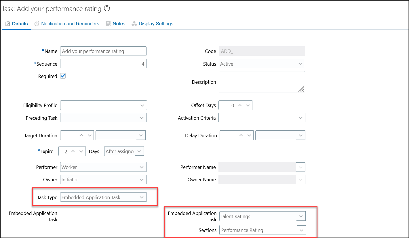 Configure the Talent Ratings Region with Performance Rating Section in the Embedded Application Task