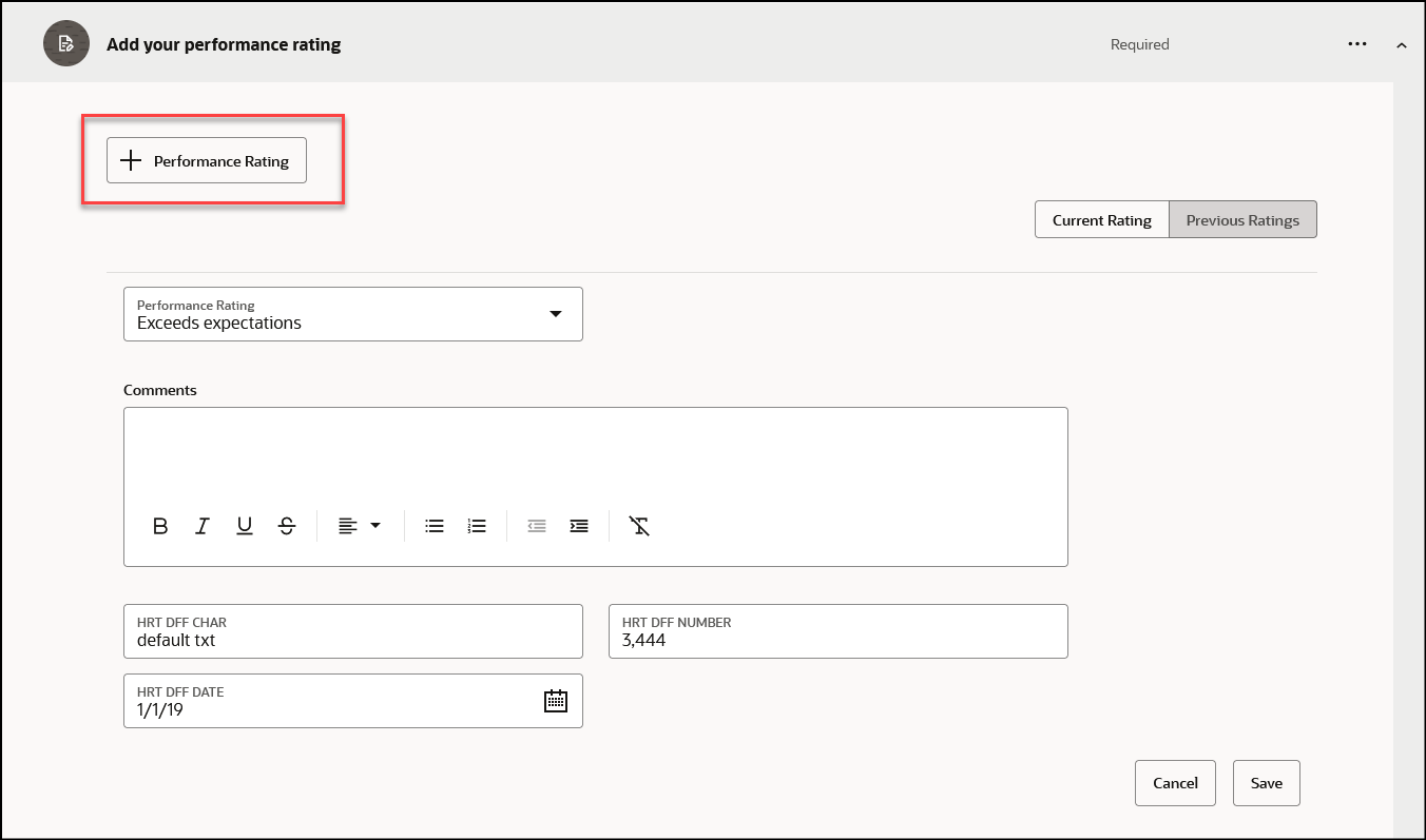 Section in Journey Task Where You Enter Details for Performance Rating