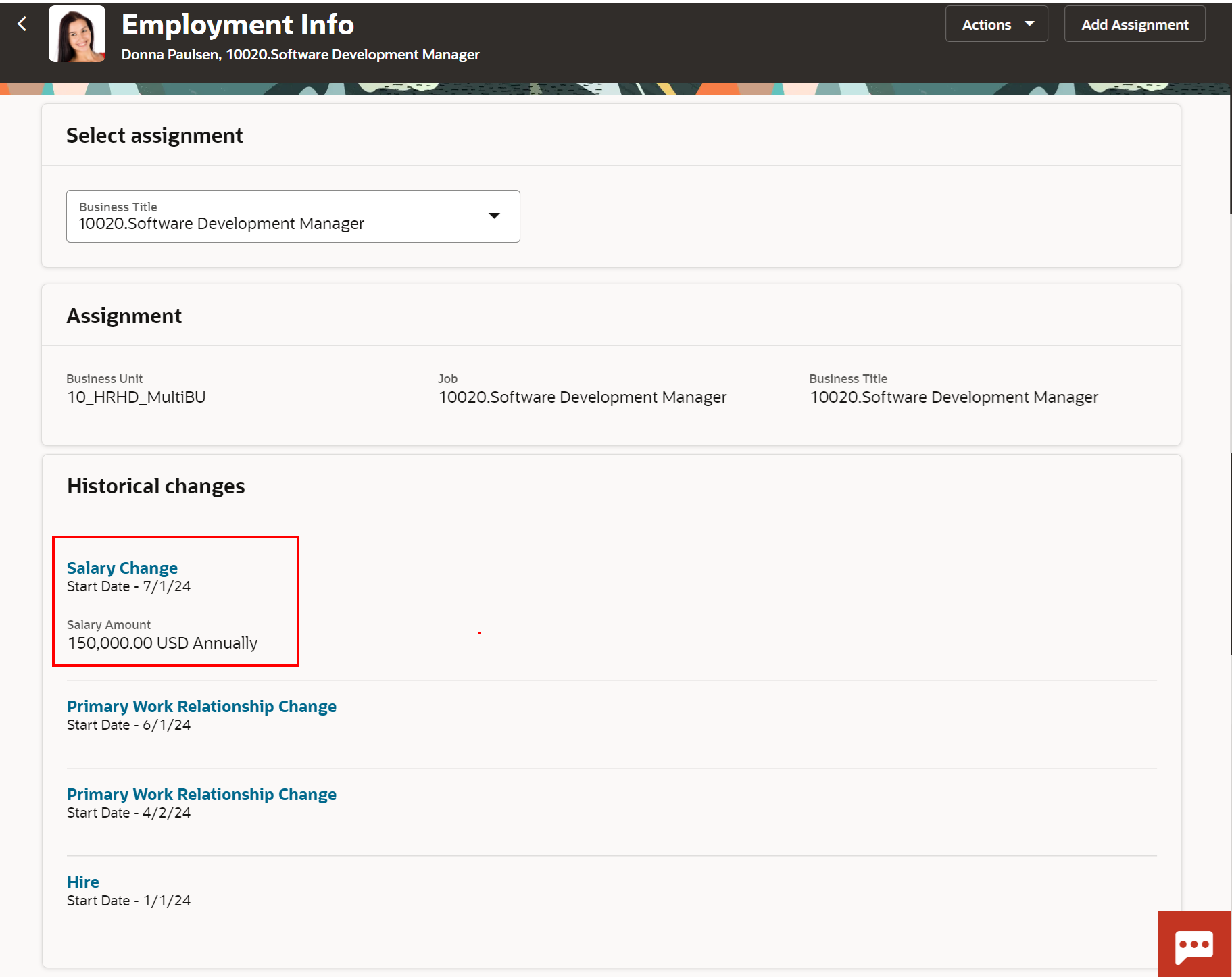 Salary change update in the Historical changes section of the Employment Info page