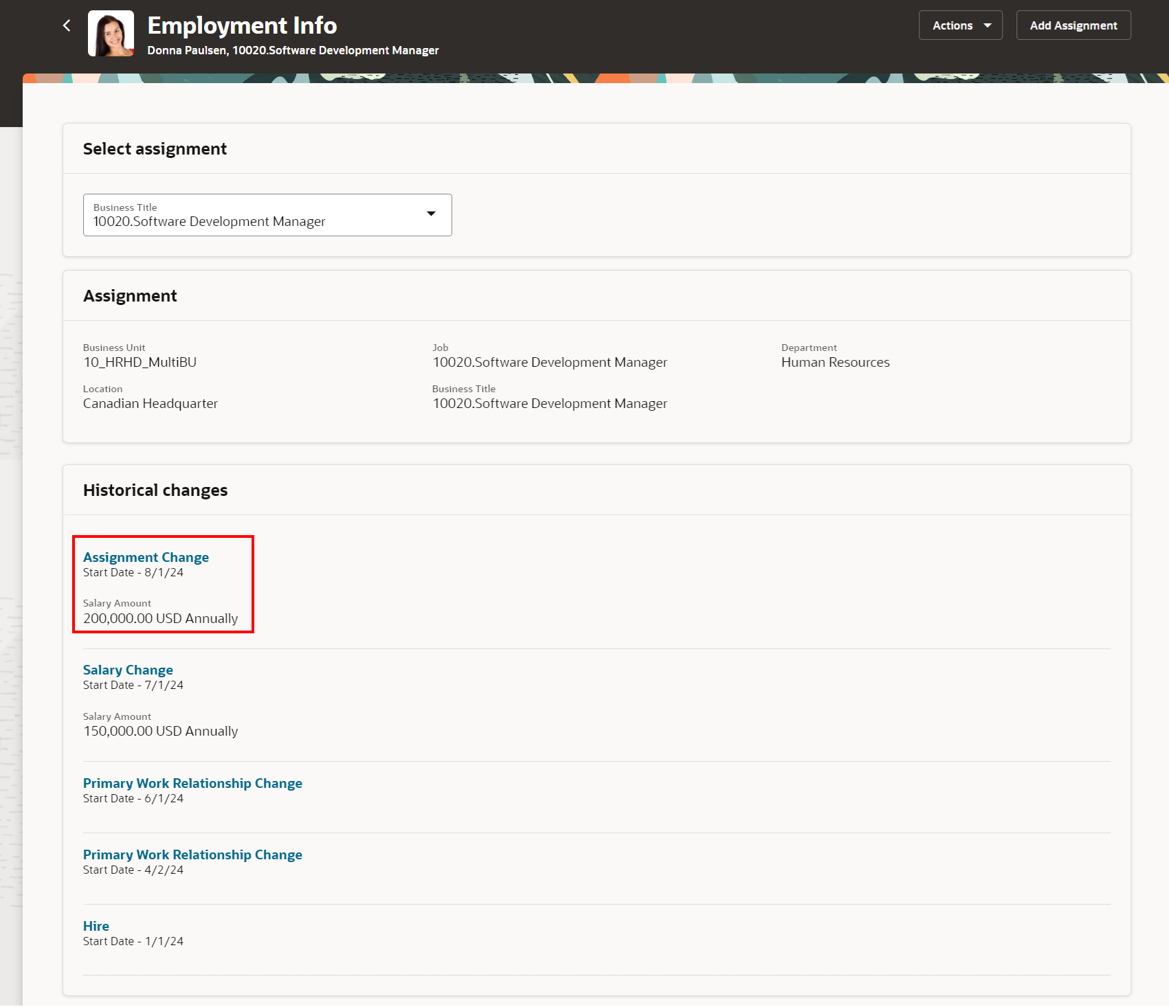 Assignment and Salary change update in the Historical changes section of the Employment Info page