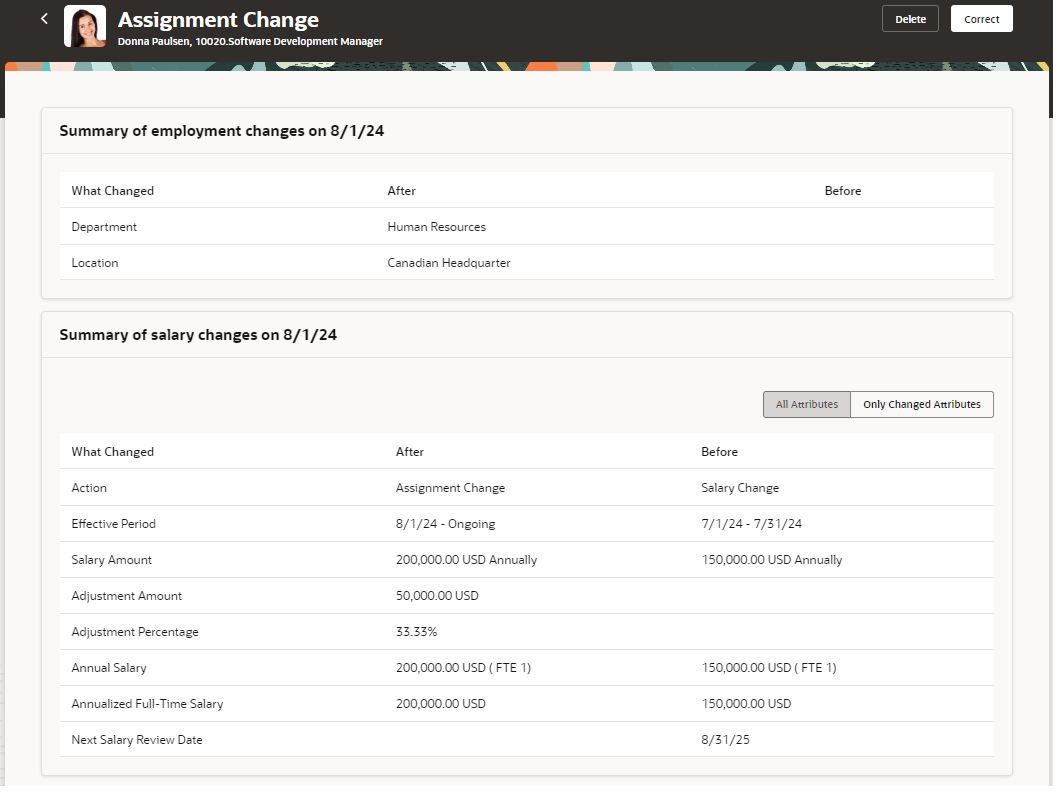 View summary of assignment and salary changes